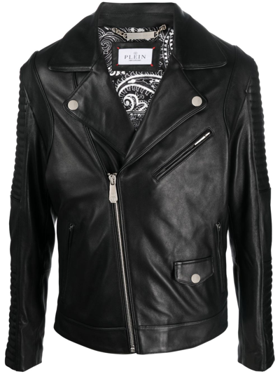Shop Philipp Plein Embossed-logo Padded Leather Biker Jacket In Black