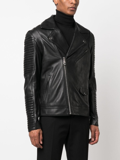 Shop Philipp Plein Embossed-logo Padded Leather Biker Jacket In Black