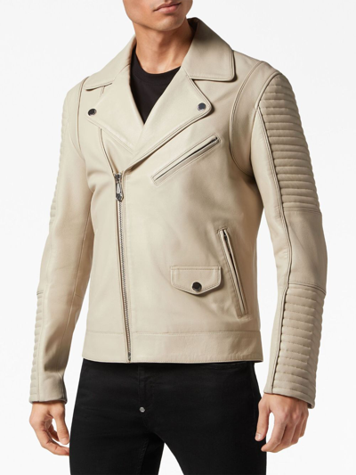 Shop Philipp Plein Logo-debossed Leather Jacket In Neutrals