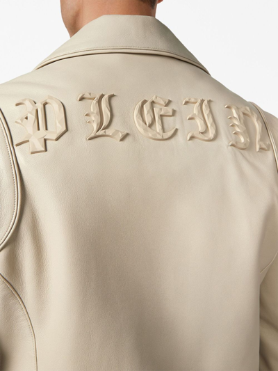 Shop Philipp Plein Logo-debossed Leather Jacket In Neutrals