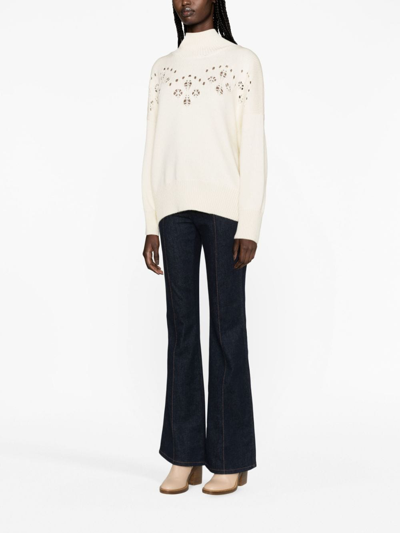 Chloé Pointelle-knit Wool Turtleneck Sweater In White