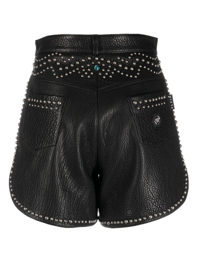 Shop Philipp Plein Stud-embellished Leather Hot Pants In Black