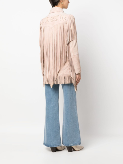 Shop Philipp Plein Oversized Fringed Suede Shirt Jacket In Neutrals