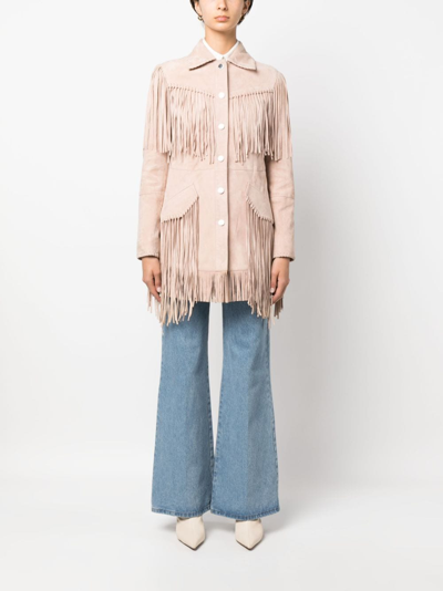 Shop Philipp Plein Oversized Fringed Suede Shirt Jacket In Neutrals