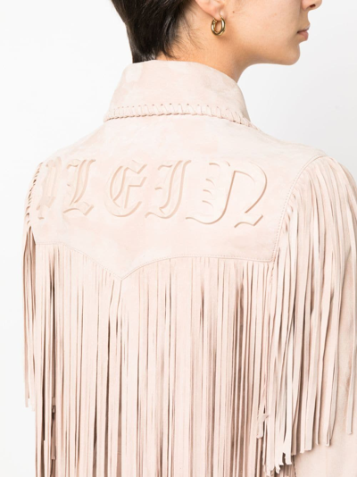 Shop Philipp Plein Oversized Fringed Suede Shirt Jacket In Neutrals