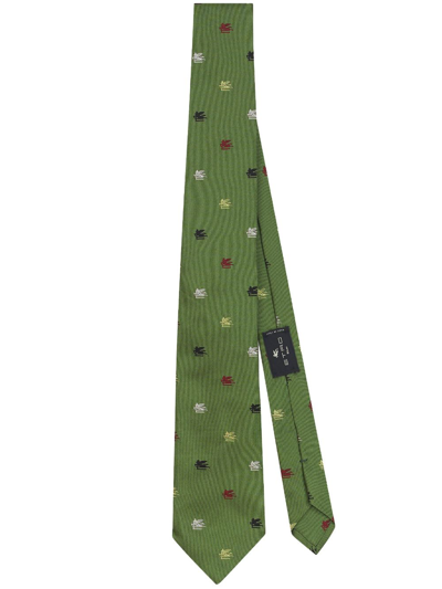 Shop Etro Logo-jacquard Silk Tie In Green
