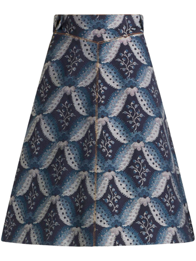 Shop Etro Floral-embroidery Jacquard Denim Skirt In Blue