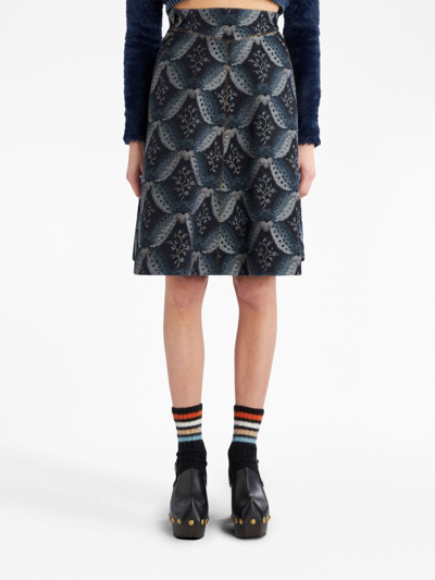 Shop Etro Floral-embroidery Jacquard Denim Skirt In Blue