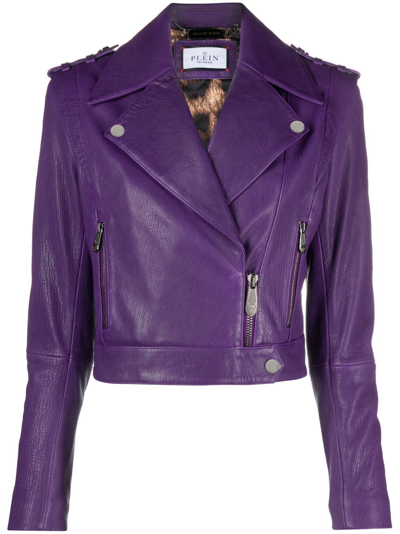 Shop Philipp Plein Cropped Biker Jacket In Purple