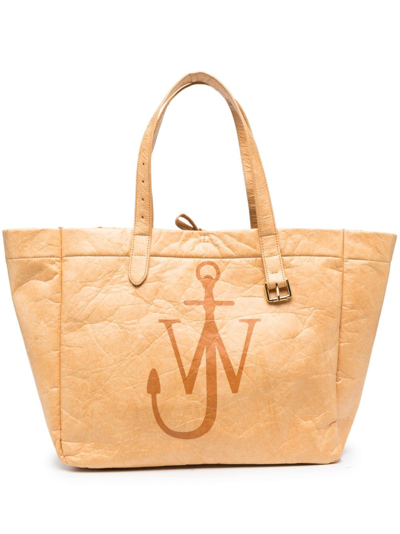 Shop Jw Anderson Logo-print Faux-leather Tote Bag In Neutrals