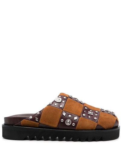 Shop Toga Virilis Stud-embellished Leather Slippers In Brown