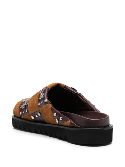 Shop Toga Virilis Stud-embellished Leather Slippers In Brown