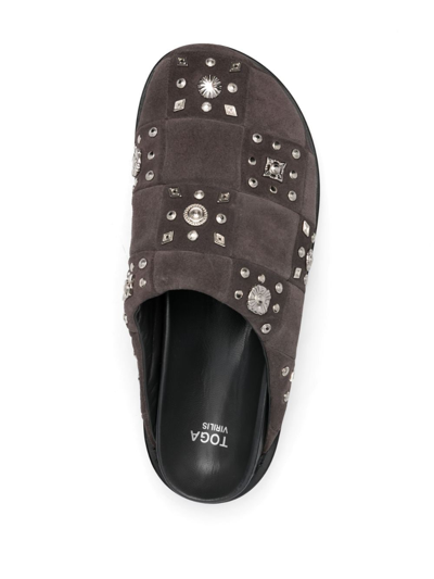 Shop Toga Virilis Stud-embellished Suede Slippers In Grey