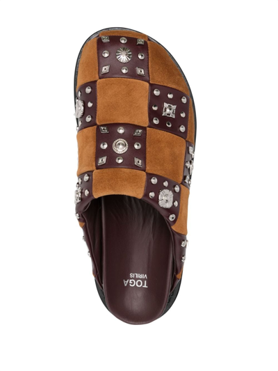 Shop Toga Virilis Stud-embellished Leather Slippers In Brown