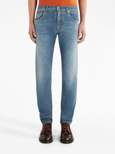 Shop Etro Logo-embroidered Straight-leg Jeans In Blue