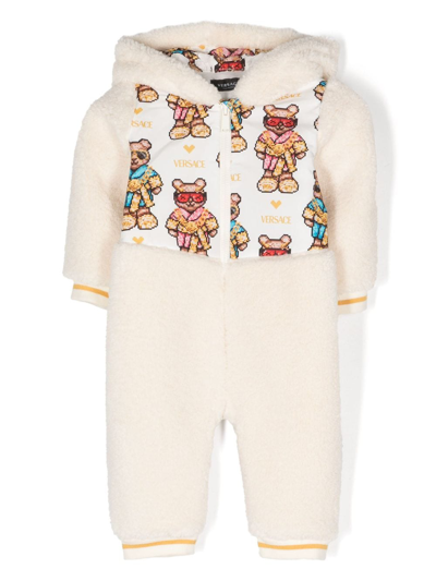 Shop Versace Pixel Teddy-print Fleece Romper In Neutrals