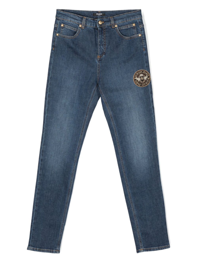 Shop Balmain Logo-embroidered Slim-cut Jeans In Blue