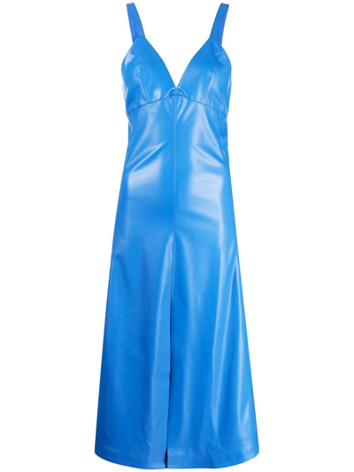 Shop Stella Mccartney V-neck Faux-leather Midi Dress In Blue