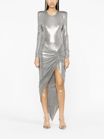 Shop Alexandre Vauthier Metallic-finish Asymmetric Midi Dress In Silver