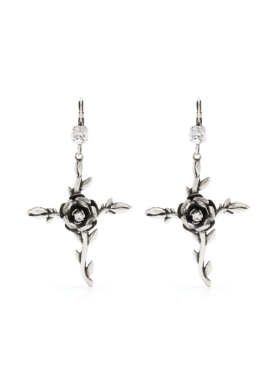 Shop Blumarine Floral-cross Drop Earrings In Grey
