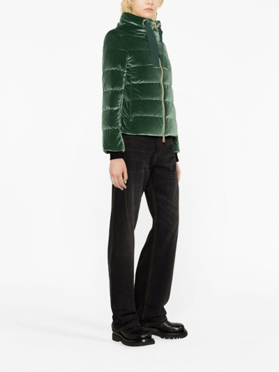 Herno Drawstring Velour Puffer Jacket In Green