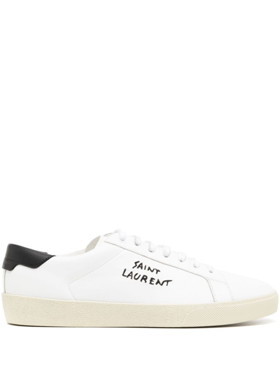 Shop Saint Laurent Logo-embroidered Leather Sneakers In White