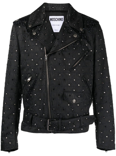 Shop Moschino Rhinestone-embellished Biker Jacket In Black