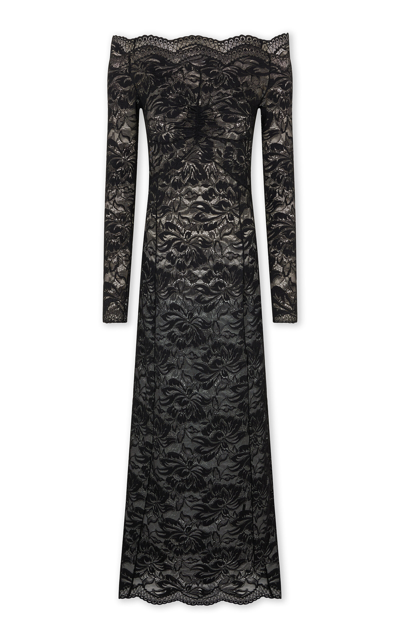 Shop Rabanne Off-the-shoulder Lace Midi Dress In Black