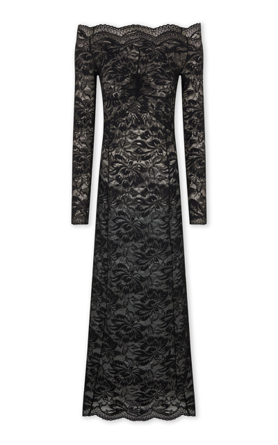 Rabanne Twist Front Off The Shoulder Long Sleeve Lace Midi Dress In Black