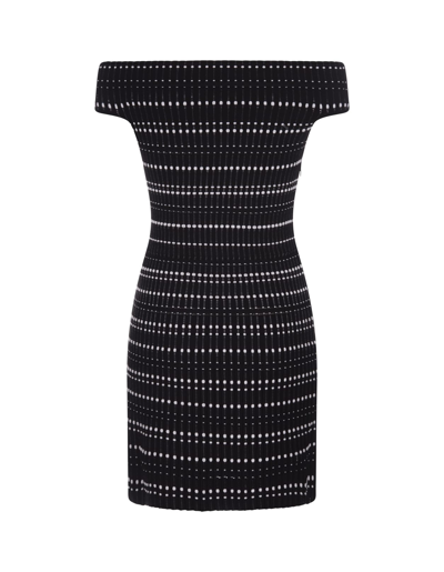 Shop Alexander Mcqueen Black And White Knitted Sheath Dress With Off Shoulder In Nero