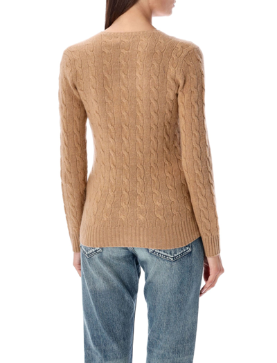 Shop Polo Ralph Lauren Kimberly V-neck Cable Knit Sweater In Camel Melange