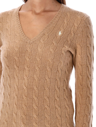 Shop Polo Ralph Lauren Kimberly V-neck Cable Knit Sweater In Camel Melange