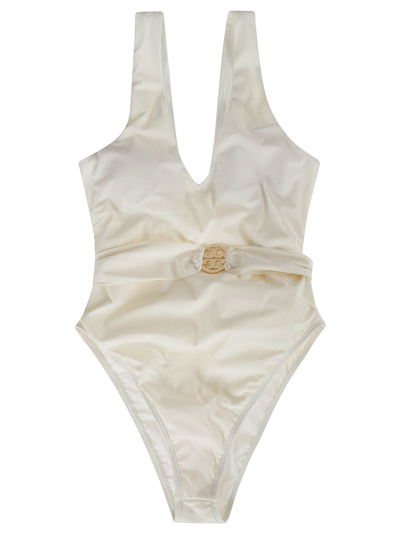 Shop Tory Burch Miller Plunge One-piece In New Ivory