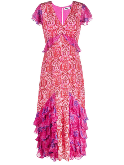 Shop Rixo London Pink Thanvi Woodblock Print Silk Midi Dress