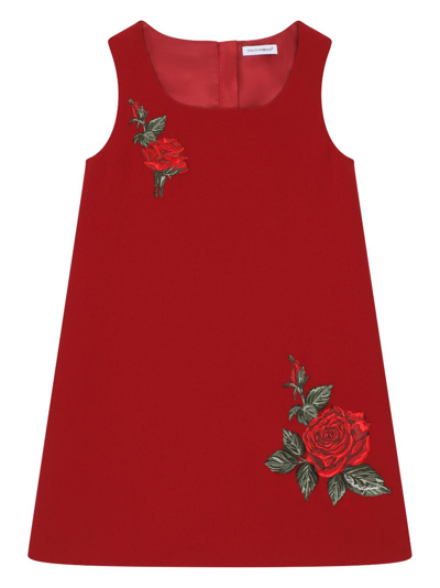 Shop Dolce & Gabbana Rose-embroidered Dress In Red