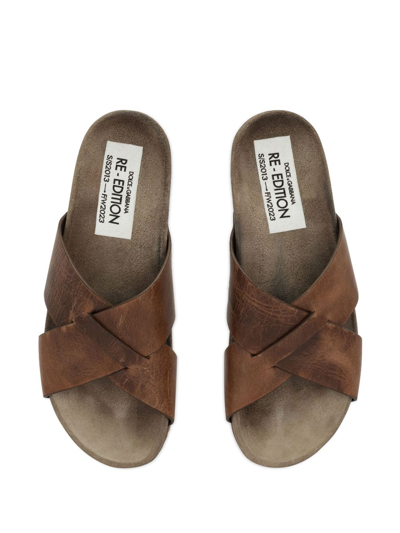 Shop Dolce & Gabbana Distressed Leather Slides In Brown
