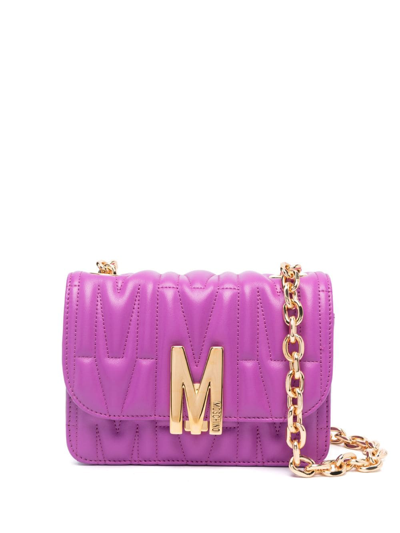 Shop Moschino Logo-quilted Leather Shoulder Bag In Purple