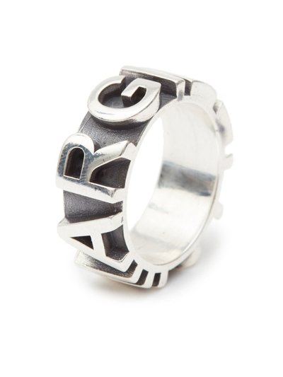 Shop Mm6 Maison Margiela Logo-embossed Band Ring In Silver