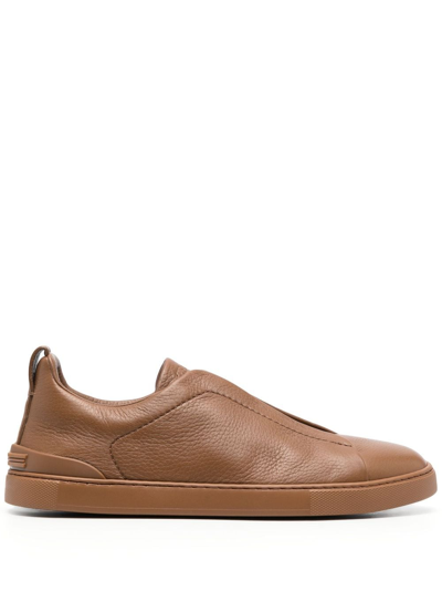 Shop Zegna Grained-leather Low-top Tonal Sneakers In Brown