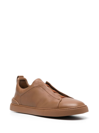 Shop Zegna Grained-leather Low-top Tonal Sneakers In Brown