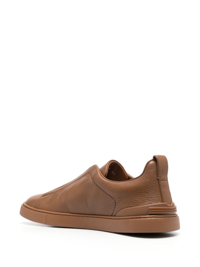 Shop Zegna Grained-leather Low-top Tonal Sneakers In Brown