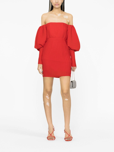 Shop Solace London Puff-sleeve Plissé Minidress In Red