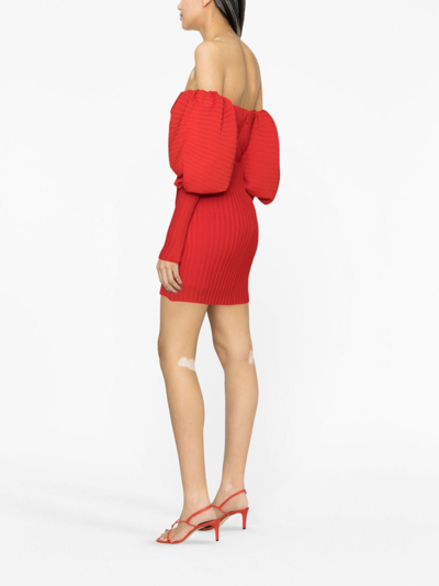 Shop Solace London Puff-sleeve Plissé Minidress In Red