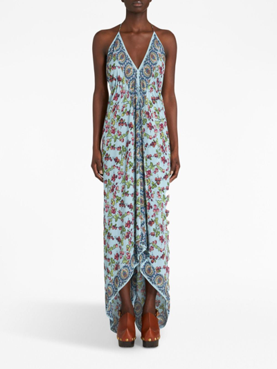 Shop Etro Floral-print Halterneck Maxi Dress In Blue