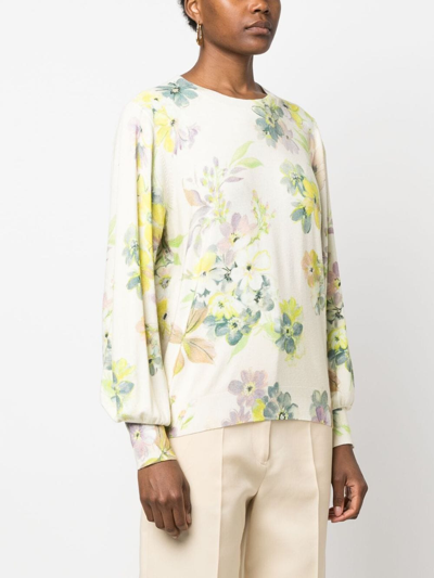 Shop Twinset Floral-print Fine-knit Jumper In Neutrals