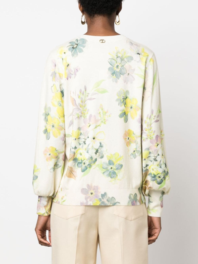 Shop Twinset Floral-print Fine-knit Jumper In Neutrals