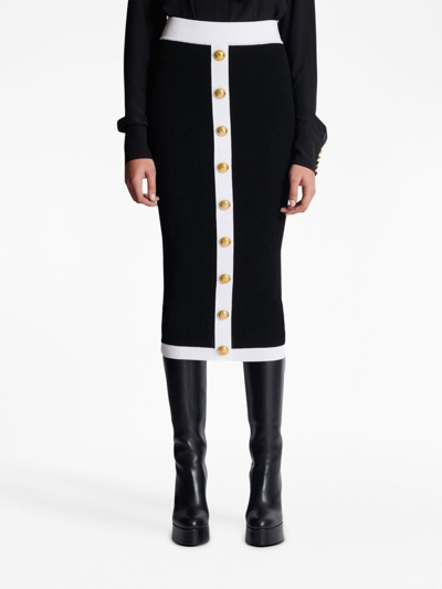 Balmain Button-embellished Ribbed-knit Midi Skirt In Eab