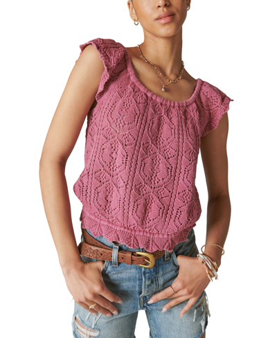 Shop Lucky Brand Women's Cotton Flutter-sleeve Knit Top Sweater In Red Violet Acid Washed