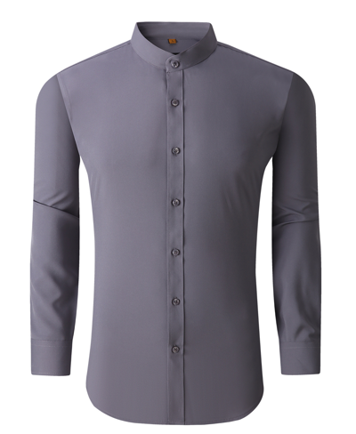 Suslo Couture Men's Slim Fit Solid Performance Collarless Button Down Shirt In Silver