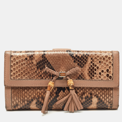 Pre-owned Gucci Beige/brown Python And Leather Bamboo Tassel Bella Continental Wallet